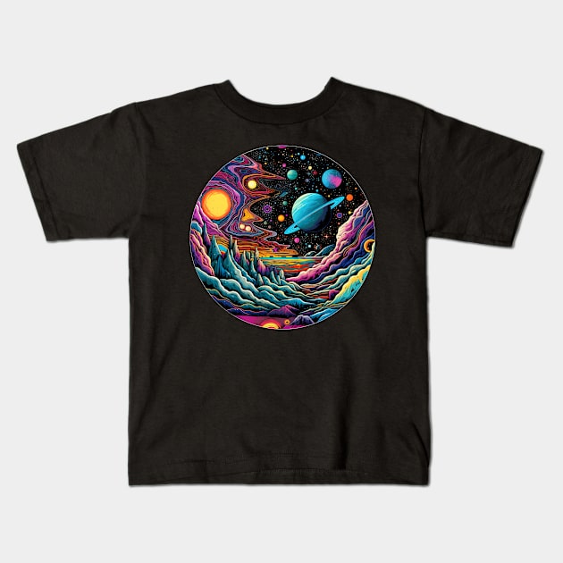 Surrealist space artwork with planets Kids T-Shirt by Unelmoija